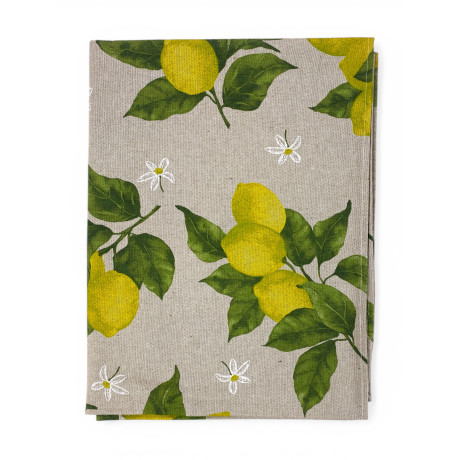 Tovaglia Dory Sorisole Tex Family, cotone pesante 80/20, stampa limoni e foglie su fondo greige, 5 misure
