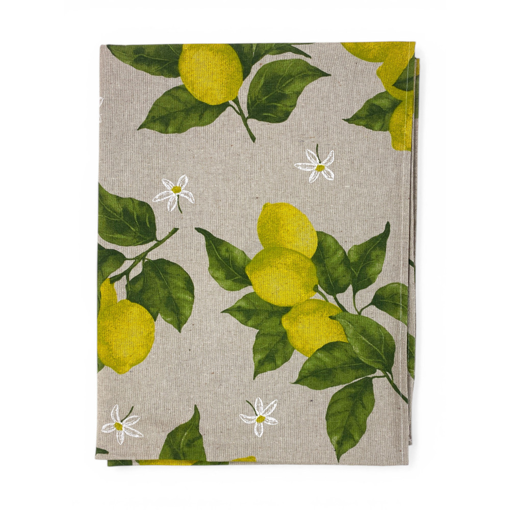 Tovaglia Dory Sorisole Tex Family, cotone pesante 80/20, stampa limoni e foglie su fondo greige, 5 misure