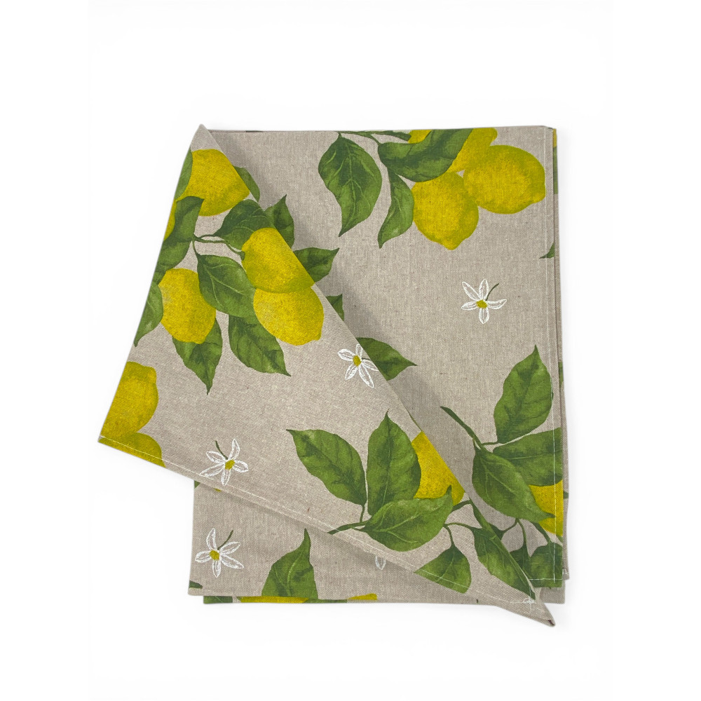 Tovaglia Dory Sorisole Tex Family, cotone pesante 80/20, stampa limoni e foglie su fondo greige, 5 misure
