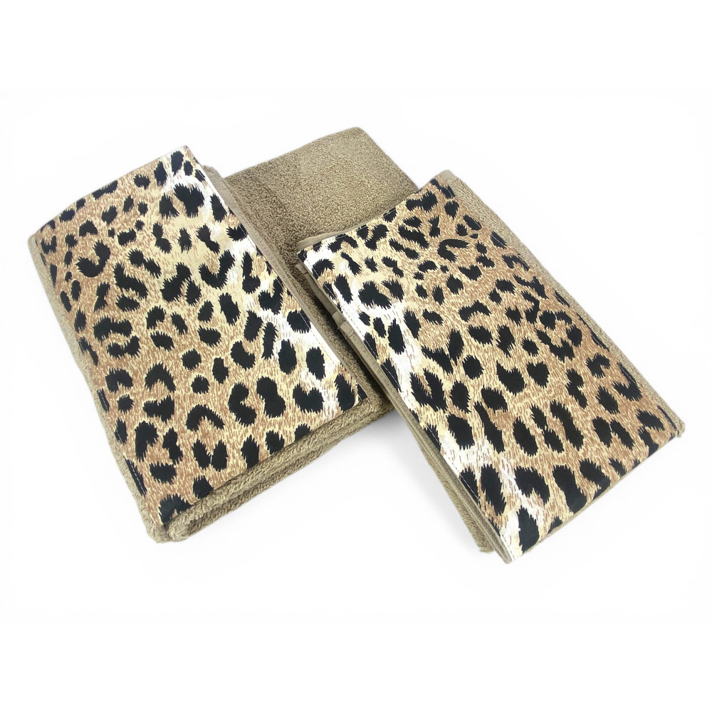 SET ASCIUGAMANI spugna 1+1 VISO e ospite Leopardato