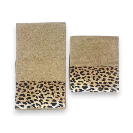 SET ASCIUGAMANI spugna 1+1 VISO e ospite Leopardato