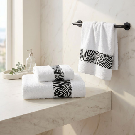 SET ASCIUGAMANI spugna JACQUARD 1+1 VISO e ospite ZEBRATO bianco