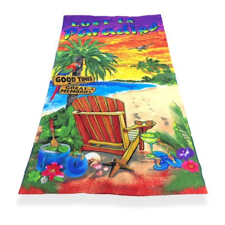 FOTO TOALLA DE PLAYA EN MICROESPONJA TAMAÑO GRANDE CM.86x160 LOST IN PARADISE