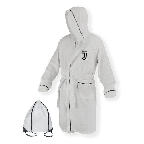 ORIGINAL JUVE JUVENTUS SCHWARZ-WEISSER MIKROSCHWAMM-BADEMANTEL FÜR ERWACHSENE MIT POOLRUCKSACK