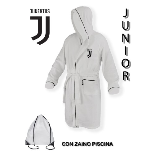 Bathrobe CHILD BOY ORIGINAL Juve JUVENTUS Microsponge WHITE BLACK With Backpack POOL