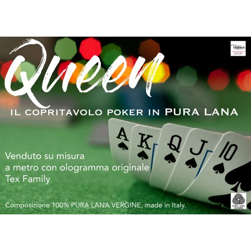TABLE COVER CLOTH QUEEN GAME POKER CARDS IN GREEN WOOL BY THE METER CUSTOMIZED H.cm. 150 WITH HOLOGRAM BY METER