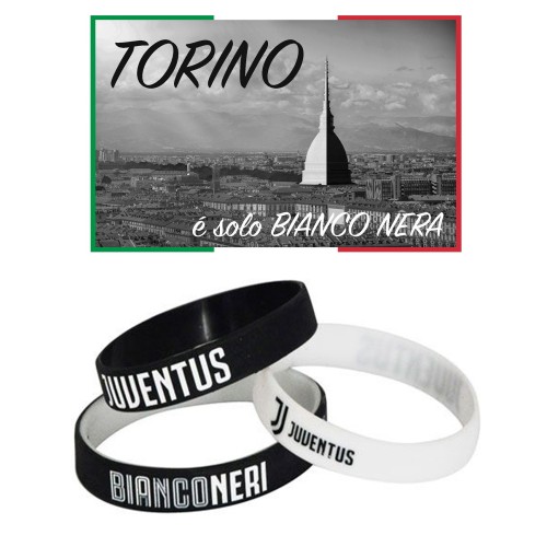SET MIT 3 ARMBÄNDERN FÜR KINDER JUNGEN OFFIZIELLE JUVENTUS BOY KIND und Postkarte TORINO È SOLO