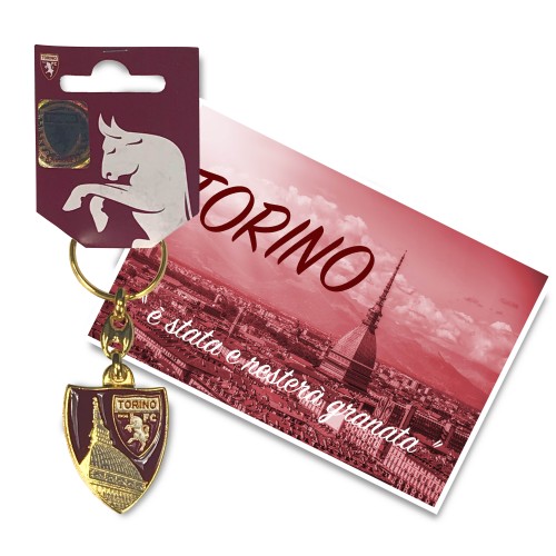 GOLDENER SCHLÜSSELANHÄNGER AUS EMAILLIERTEM METALL TORINO CALCIO FC und Postkarte TORINO È