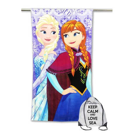 TELO MARE IN SPUGNA FROZEN cm. 70x140 con zaino Spiaggia KEEP CALM