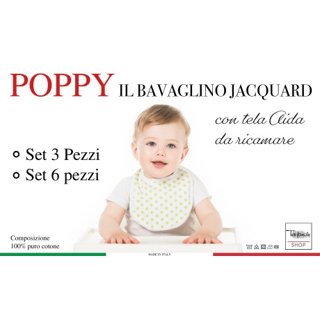 SET BAVAGLINI BAMBINA FEMMINA POPPY © cm. 20x24 bavaglio con lacci e tela AIDA