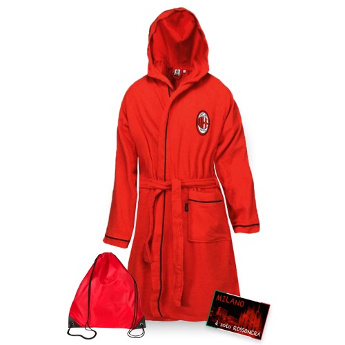 ALBORNOZ ORIGINAL A.C. MILAN BEBÉ NIÑO EN MICROESPONJA ROJA NEGRA con MOCHILA DE PISCINA y postal MILANO es