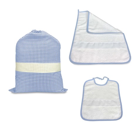 KINDERGARTEN SACK SET and TOWEL and BIB CHECKED YARN DYED with AIDA canvas to embroider the name