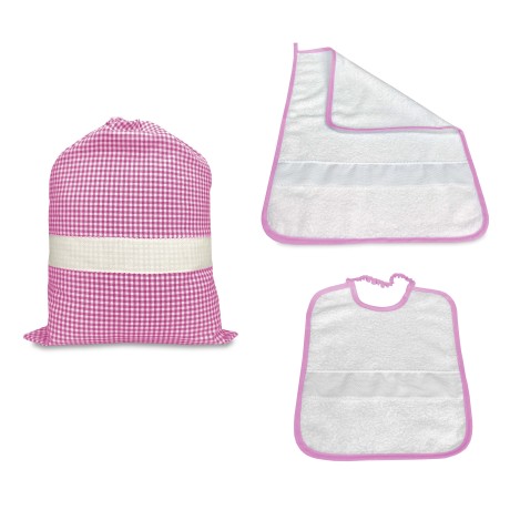 KINDERGARTEN SACK SET and TOWEL and BIB CHECKED YARN DYED with AIDA canvas to embroider the name