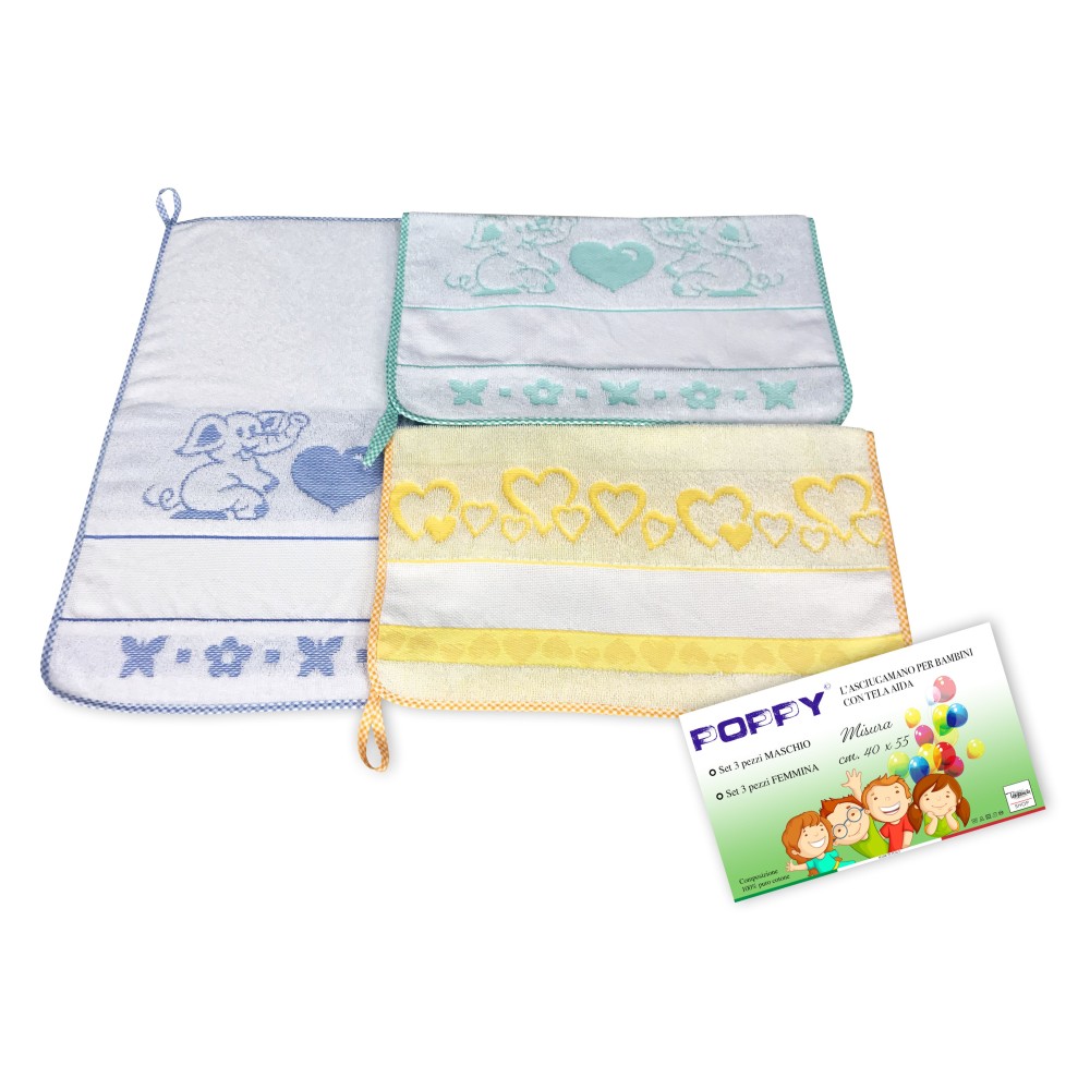 SET 3 TOALLAS GUARDERÍA NIÑO AMAPOLA © CM. 40x55 Puro Algodón MASCULINO con Lona AIDA para Bordar SET 3 TOALLAS GUARDERÍA NIÑO AMAPOLA © CM. 40x55 Puro Algodón MASCULINO con Lona AIDA para Bordar