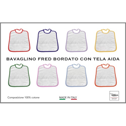 BAVAGLINO FRED ASILO bordato in TINTA UNITA con tela AIDA per ricamare il nome