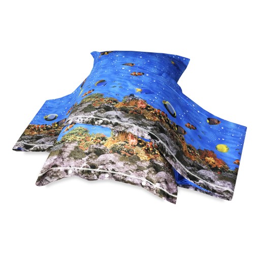 COMPLETO LENZUOLO LENZUOLA NATURA MARE BARRIERA CORALLINA in puro cotone