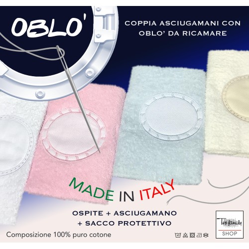 SET ASCIUGAMANI SPUGNA TELA AIDA da ricamare PUNTO CROCE 1+1 con OBLÒ VISO E OSPITE complete di SACCO WASHY