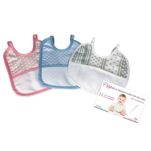 SET DE 3 BABEROS BABEROS PARA NIÑOS PIPPÌU © CM. Mordaza MINI con cordones tamaño 16x18 con lona aida
