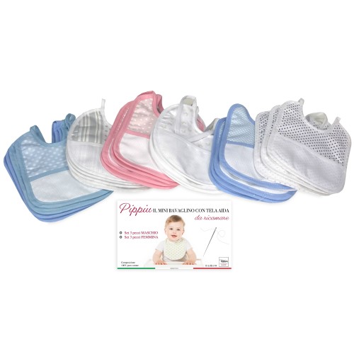 SET DE 3 BABEROS BABEROS PARA NIÑOS PIPPÌU © CM. Mordaza MINI con cordones tamaño 16x18 con lona aida