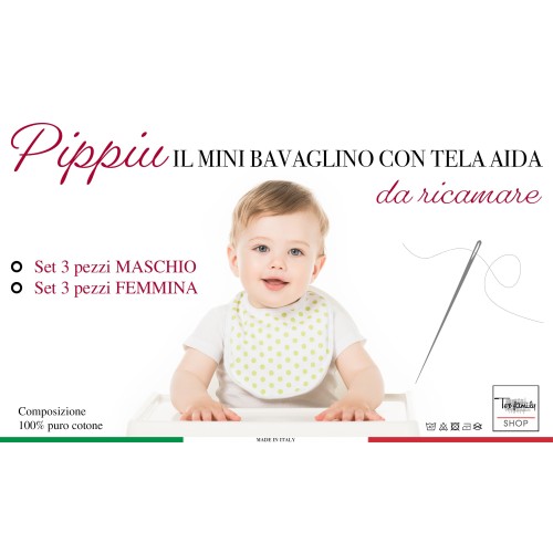 SET 3 BAVAGLINI BAVETTE bambino PIPPÌU © cm. 16x18 misura MINI bavaglio con lacci con tela aida