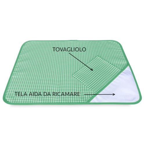 TOVAGLIETTA e TOVAGLIOLO ASILO a QUADRETTI TINTO IN FILO con tela AIDA per ricamare il nome