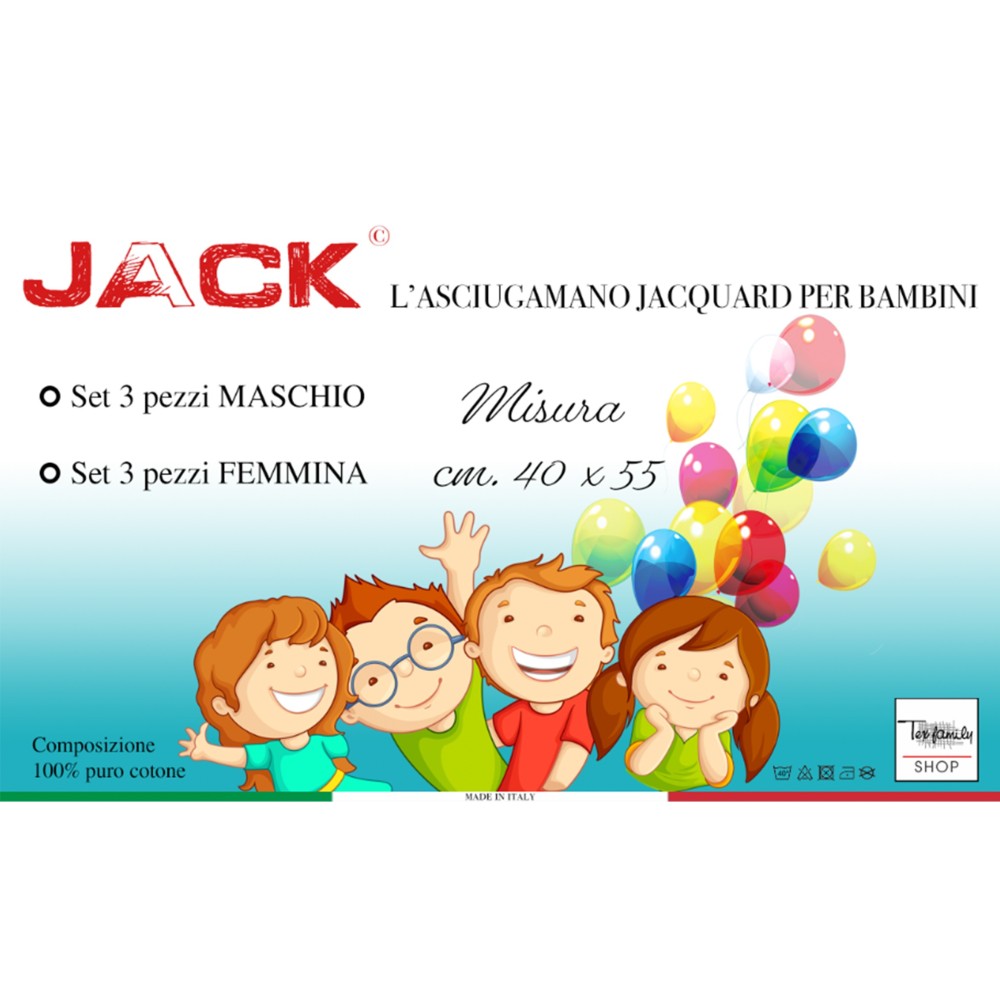 SET 3 ASCIUGAMANI ASILO bambina JACK © cm. 40x55 puro cotone FEMMINA