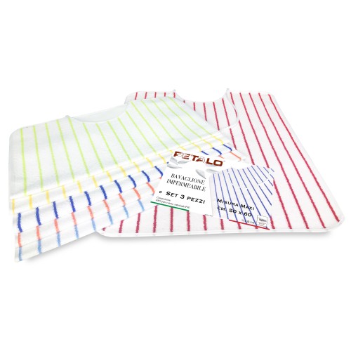 SET DE 3 PUÑOS DE PÉTALO © DE BABERO ADULTO impermeables con cordones antimanchas tamaño MAXI completo con bolsa de lavado