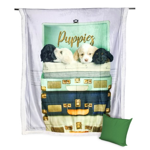 PLAID COUVERTURE POLAIRE SHERPA photo NUMÉRIQUE CHIENS dans une valise avec un coussin, Meubles